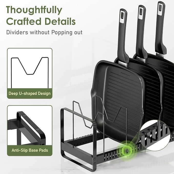 MUDEELA Expandable Pot Pan Lid Organizers inside Cabinet, 12 Divider-Black | Expandable 14.2-22.8", 12 Adjustable Divider, Easy Assembly, Non-Slip, For Pan Lids, Cutting Boards, Bakeware & Cookie Sheets - Image 3