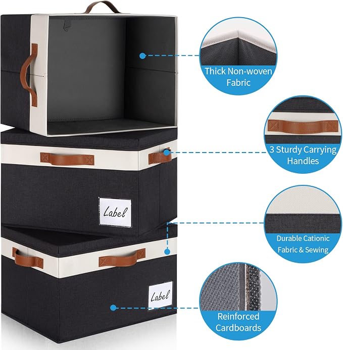 GhvyenntteS Extra Large Storage Bins with Lids, Foldable Fabric Storage Boxes with Lids and Handles, Storage Baskets with Lid and Label for Home Office (3 Pack, Black, 15.75" x 11.8" x 10.2") - Image 4