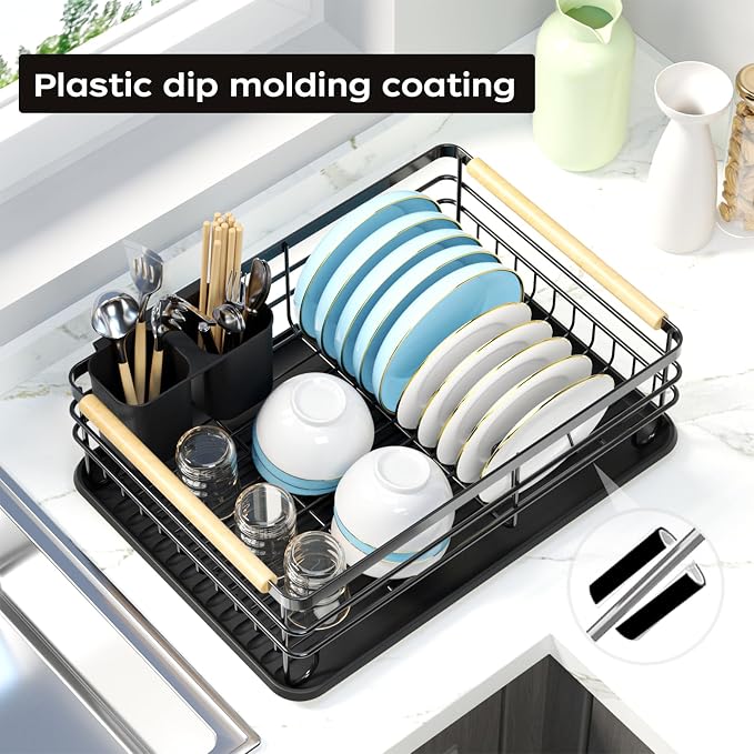 Dish Racks for Kitchen Counter: Wooden Handles, Thickened Metal, No Assembly. Small Dish Drying Rack: Ideal for Small Households. Drying Rack Kitchen: Black - Image 3