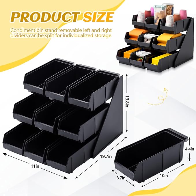 Novabright 9 Compartment Serve Condiment Bin Self Serve Condiment Packet Organizer Stand Countertop Plastic Containers Storage Display Rack for Coffee Shops Restaurants Bars(9 Bin) - Image 2
