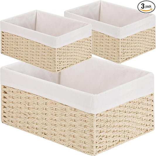 Wicker Basket, Set of 3 Hand-woven Storage Baskets for Organizing, Decorative Bathroom Wicker Storage Basket Bins with Handles, Small Toilet Paper Storage Baskets for Shelves & Decor, Beige by Vagusicc