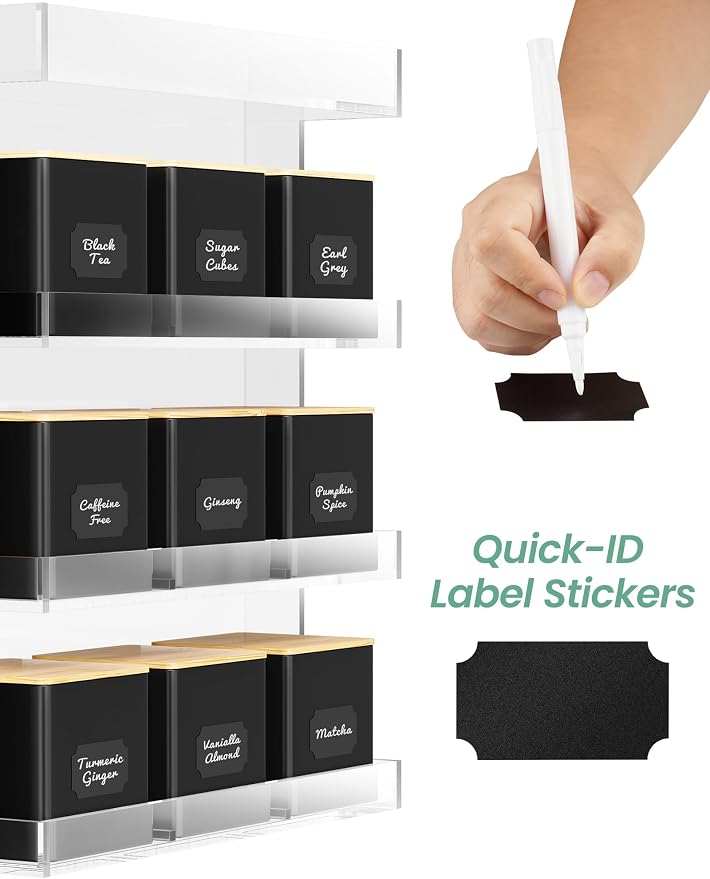 NiHome Tea Organizer Rack with 9 Airtight Canisters, Loose Leaf Storage | Dual Lids in Bamboo or Metal, Top Tray for Bags, Spices & Coffee, Labels & Marker Included for Kitchen Counter Display - Image 6