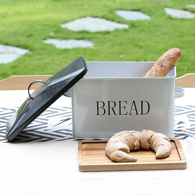 SOTECH Metal Bread Box with Lid for Kitchen Countertop Large Bread Bin kitchen Bread Food Snacks Storage Container Farmhouse BreadBox Grey Lid White Body with Side Handles - Image 4