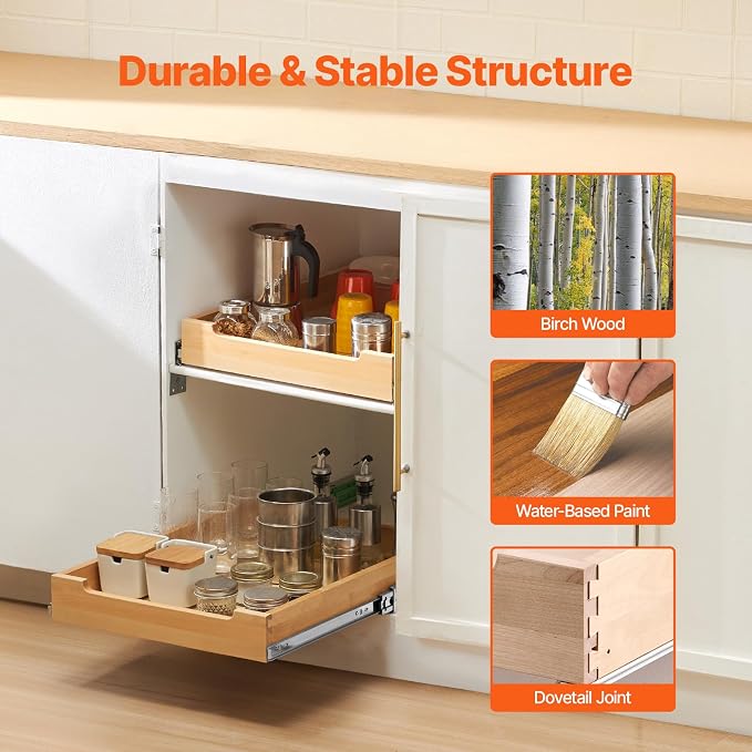 VEVOR Pull Out Cabinet Organizer, 17"W x 21"D Cabinet Drawer, Soft Close Slide out Shelf, Heavy-Duty Sliding Wood Drawer, Bottom Mount Size（17.5"W x 23"D）and Side Mount Size（18"W x 23"D） - Image 2