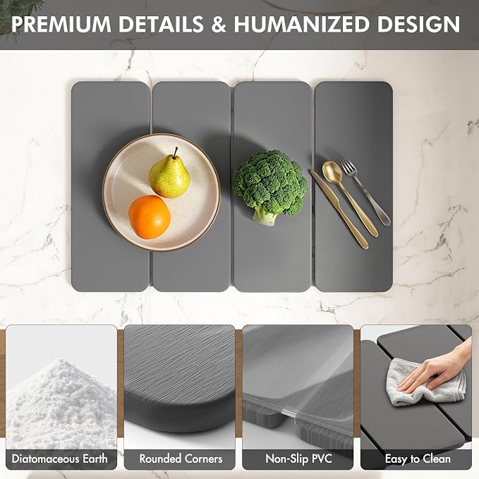 Stone Dish Drying Mat for Kitchen Counter, 24x16 Inch Super Absorbent Diatomaceous Earth Dish Drying Mat with Bamboo Dish Rack, Collapsible Fast Dry Drying Mat for Utensils Dishes Cups - Image 4