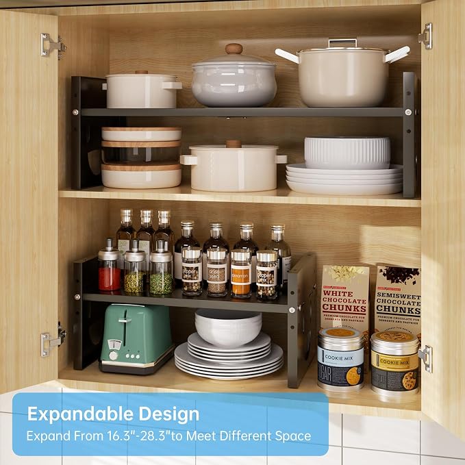 Fun-Face Expandable Cabinet Shelf Organizer,Adjustable Height & Width, Stackable Metal Storage Rack,Kitchen Spice Rack, Pantry Shelf, Countertops (1, Black) - Image 5