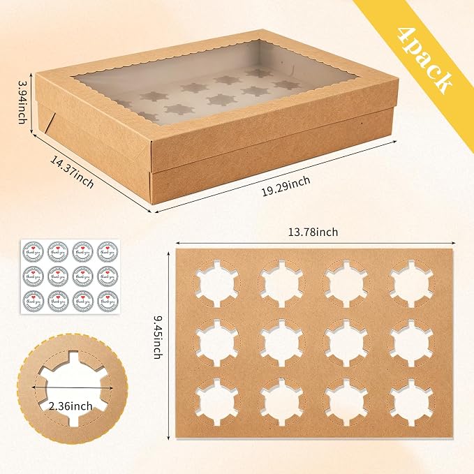 24 Count Corrugated Cupcake Boxes, 4 Pack White Cupcake Containers with Windows, Disposable Cupcake Carriers for Muffins, Treats, Pastries, 19 x 14 x 3.9 Inches (Brown, 24Count /4Pcs) - Image 5