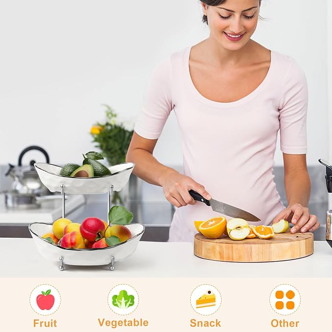 Fruit Bowl for Kitchen Counter - Two Tier Ceramic Fruit Basket, Fruit Holder for Fresh Fruit&Veggies, Modern Tiered Fruit Platter Serving Trays for Party - Image 6
