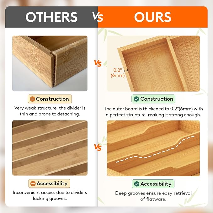 Lifewit Utensil Organizer for Kitchen Drawer, Expandable Cooking Utensil Tray, Cutlery Silverware Flatware Holder, Wood Adjustable Spatula Tools Storage Divider, 12.6-22.8x14/ 32-58x35.6cm, Natural - Image 6