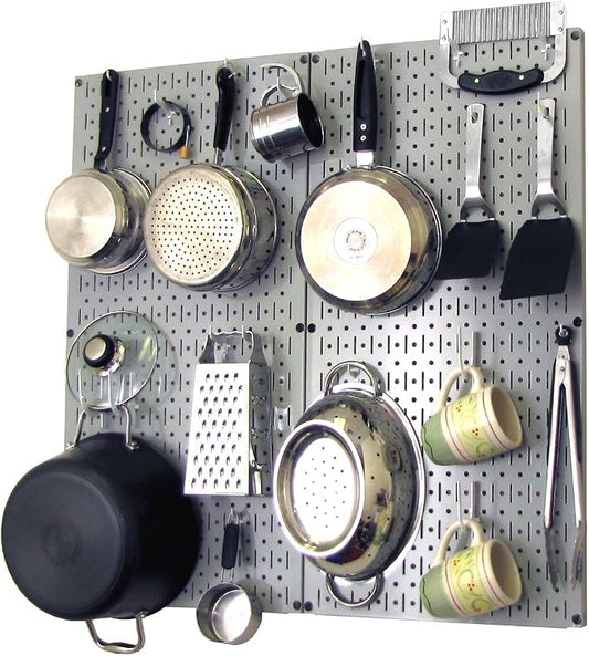 Wall Control Kitchen Pegboard Organizer Pots and Pans Storage Rack Organization Kit with Grey Pegboard and White Accessories by Wall+Control