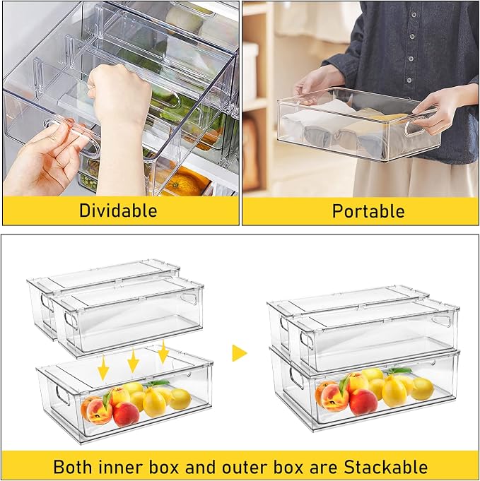 3 Pack Refrigerator Organizer Bins with Pull-out Drawer Stackable Clear Fridge Drawer Organizer Fruit Vegetable Storage Containers for Kitchen Pantry Organization (1 Large+2 Small) - Image 3