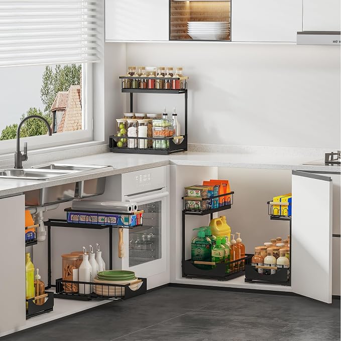 Under Sink Organizer and Storage 2 Tier Cabinet Pull Out Shelf Organizers | 2 Pack 2 Tier under sink storage for Bathroom and Kitchen Slide Out Drawer Organization for Home Cabinets Shelves and Drawers - Image 6