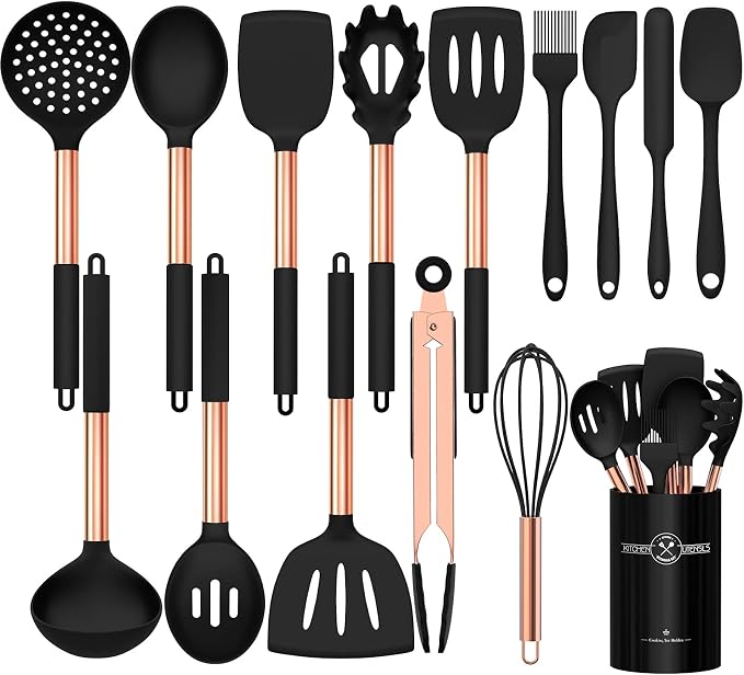 Silicone Cooking Utensil Set, Umite Chef Kitchen Utensils 15pcs Cooking Utensils Set Non-stick Silicone Rose Gold Handle Cooking Tools Whisk Kitchen Tools Set - Balck by UmiteChef