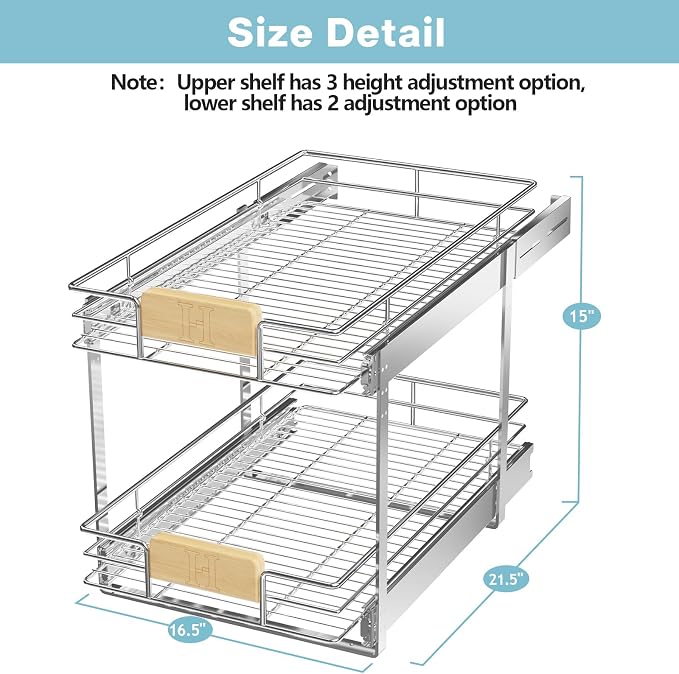 LOVMOR 2 Tier Pull Out Cabinet Organizer 13½" W x 21½" D, Slide Out Drawers with Wooden Handle, Sliding Shelves Organization and Storage for Kitchen, Pantry - Image 3