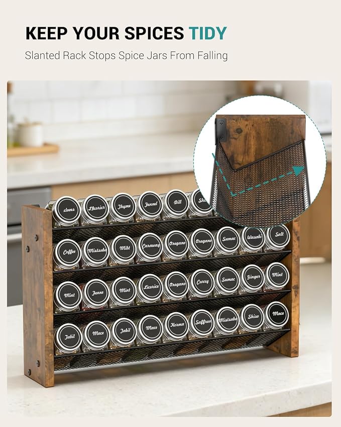 NESAPTO Spice Rack Organizer with 36 Glass Spice Jars, Wood 4-Tier Seasoning Organizer with Labels for Cabinet, Pantry, Countertop or Wall Mount, Chalk Marker and Funnel Set, 17.2" W × 9.4" H - Image 3