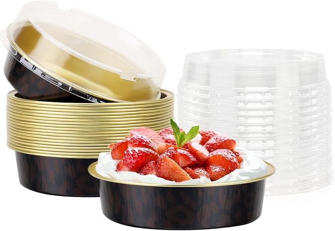 Beasea 20 Pack 4” Mini Pans with Lids, 8oz Disposable Aluminum Baking Foil Tins Round Small Black Dark Red Spot Container for Individual Cupcake Dessert Muffin Ramekin Cheesecake Quiche Oven Dishes by Beasea
