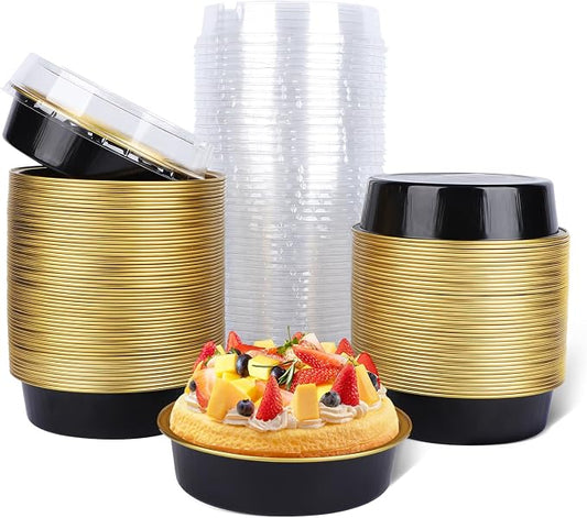 Beasea Disposable Creme Brulee Ramekins with Lids, 120 Pack 4 Inch 8oz Mini Pie Tins Black Gold Mini Small Aluminum Foil Pie Tart Cake Baking Pans Individual Round Containers Oven Safe for Baking by Beasea