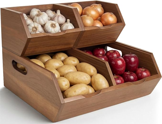 Acacia Pantry Storage Bins Set of 3, Stackable Potato Onion Wood Baskets | Open Front Vegetable and Produce Holders with Airflow, Grip Handles, Organizers for Kitchen Counter and Cabinet by Elevateyourmomentwithus