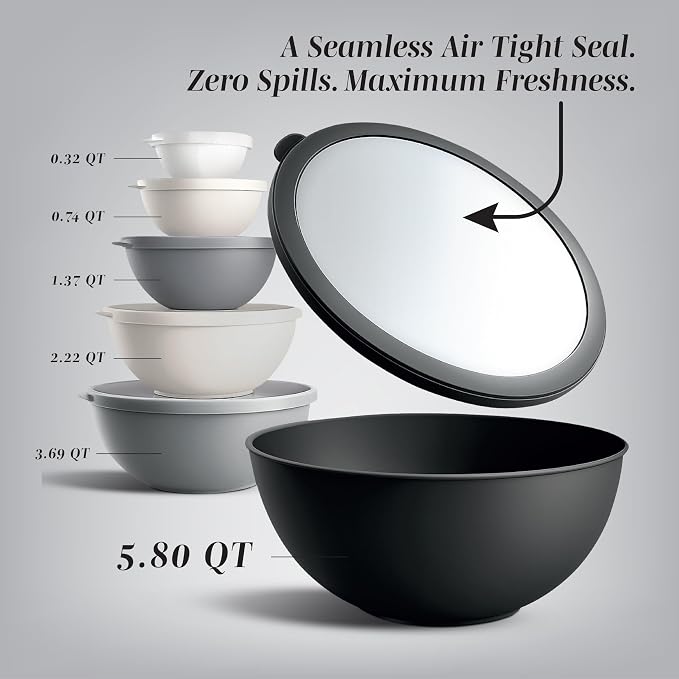 COOK WITH COLOR Mixing Bowls with TPR Lids - 12 Piece Plastic Nesting Set includes 6 Prep and Lids, Microwave Safe Bowl (Black Ombre) - Image 2