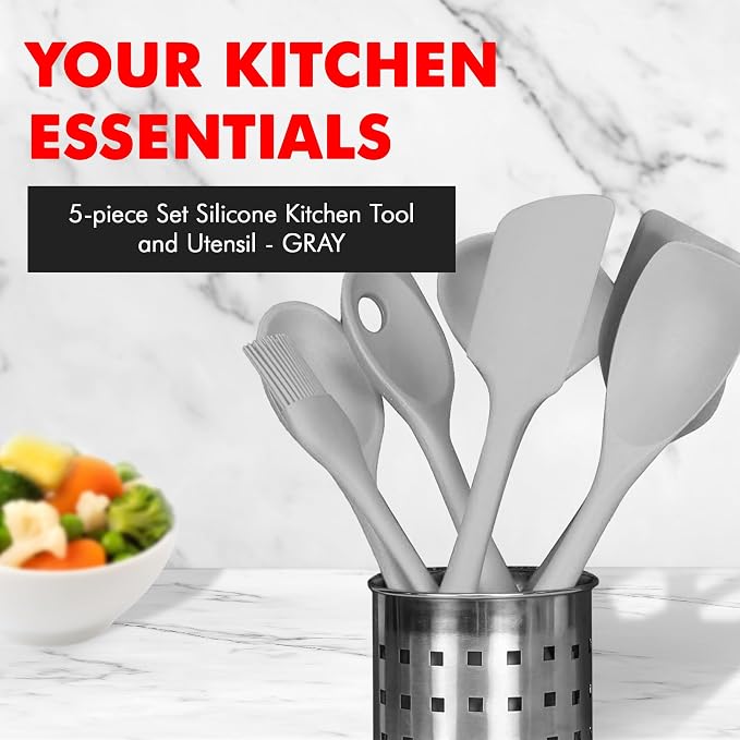 Chef Craft - Premium Silicone Kitchen Tools and Utensils Set, Non-Scratch, Withstands Temperatures up to 450°F, BPA-Free, 5 Piece Cooking Utensils Set, Gray - Image 2