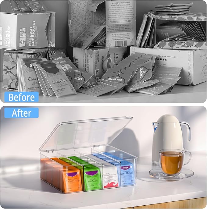 Tea Bags Organizer With Lid: Clear Tea Box For Tea Organizers And Storage | Adjustable Compartments, Extra Large, Holds 240 Tea Bags, Stackable Tea Bag Holder For Pantry, Kitchen, Countertop, Cabinet - Image 4