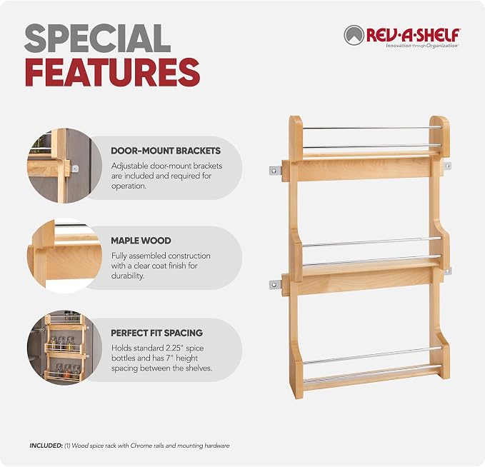 Rev-A-Shelf 18" 3 Tiered Pull Out Shelf Organizer for Kitchen Cabinets, Pantry Storage Spice Seasoning Rack, Door/Wall Mounted, Maple Wood, 4SR-18 - Image 5