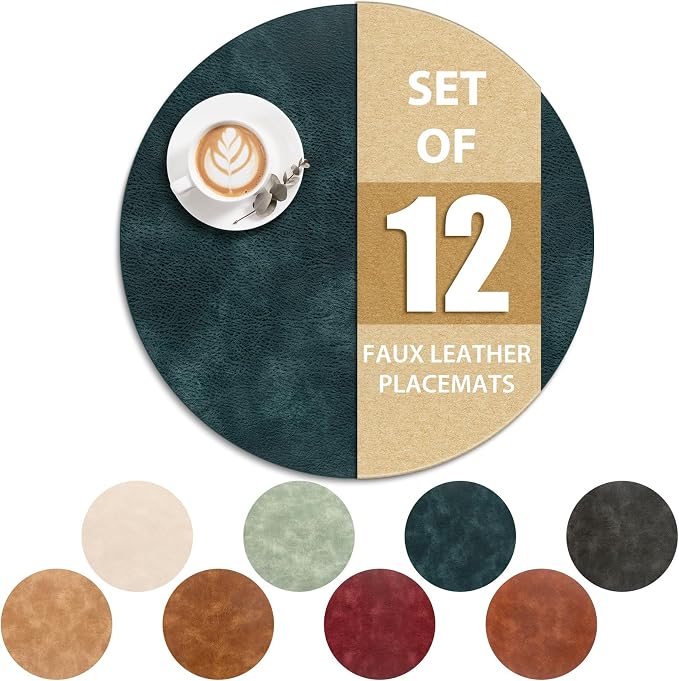 ADRIMER Placemats, Heat Resistant Round Placemats Set of 12 Washable, Waterproof Table Mats, Wipeable Faux Leather Place Mats for Kitchen, Dining Room, Dark Blue by Adrimersdreamistobeanindispensablecompanioninyourlife