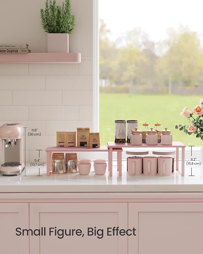 SONGMICS Cabinet Organizer Shelf, Set of 2 Kitchen Counter Shelves, Kitchen Storage, Spice Rack, Stackable, Expandable, Metal and Engineered Wood, 15.6 Inches, Jelly Pink UKCS025S01 - Image 7
