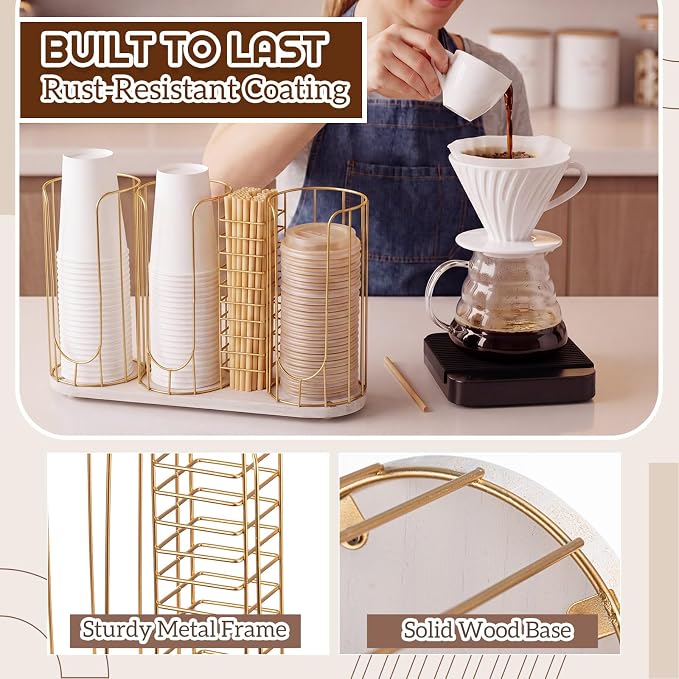18oz Adjustable Coffee Cup Dispenser with Wooden Base, Cup and Lid Holder, Cups Holder Organizer for Coffee Pod Straw and Lid Storage(4-compartment Single,Color 4) - Image 7