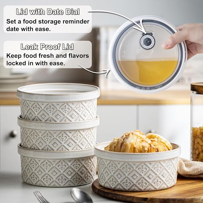 40 Oz Ramekins Ceramic Airtight Bowls Set of 4 - Large Mixing Bowls with Lids Set for Salad, Pho, Soup, Pasta, Dessert, Serving, Oatmeal, Baking Dishes, Dishwasher & Microwave Safe, Beige - Image 5
