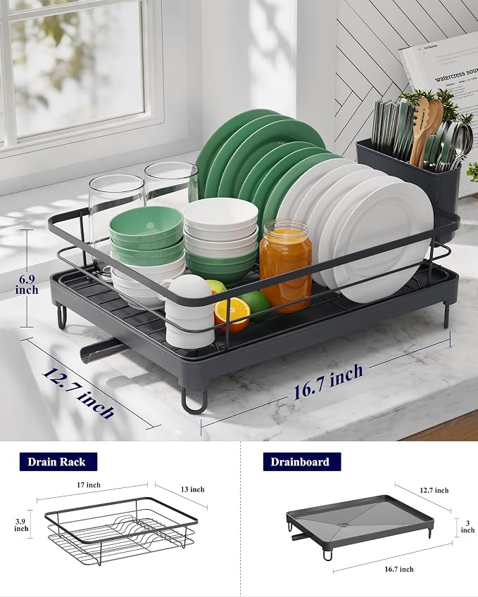 Kitsure Dish Drying Rack for Kitchen Counter, 12.7''W x 16.7''L, Grey | Stainless Steel Sink Organization, Cutlery Holder, Home and Appartment Decor - Image 3