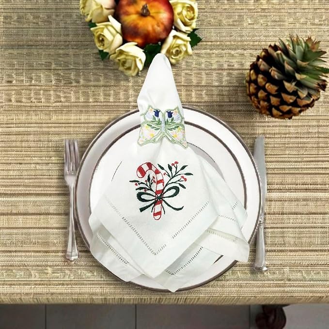 Embroidered Cloth Napkin Candy Cane Christmas Cotton Napkins Set of 6, 20x20 Hemstitch Table Napkins Machine Washable, Daily & Christmas, Great Present Ideas - Image 6