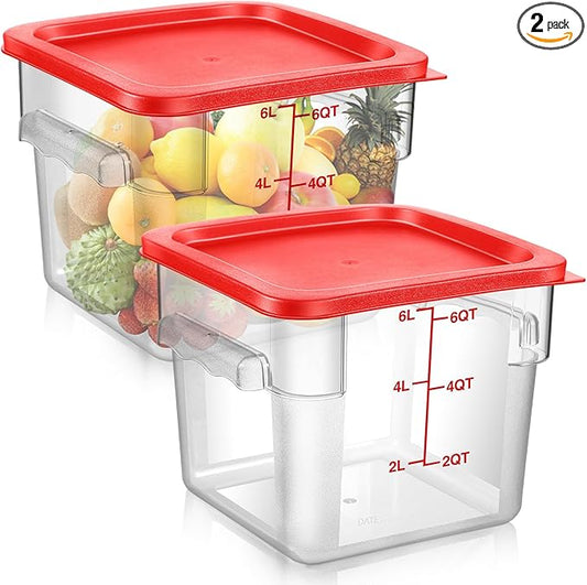 2 Pcs Square Food Storage Container Polycarbonate Clear Food Container with Red Lid Commercial Rice Storage with Red Graduations for Commercial Kitchen (6 Qt) by Suclain