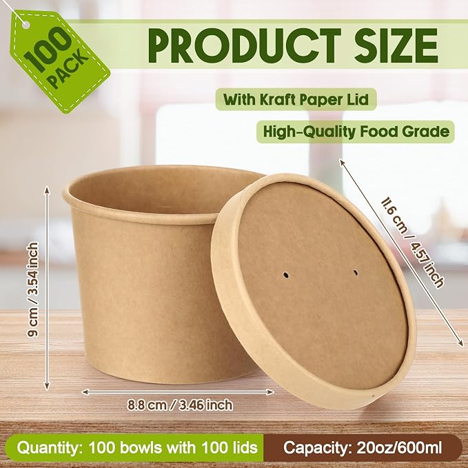 Fulmoon 100 Pack Paper Soup Containers with Lids Disposable Paper Food Containers with Vented Lid Kraft Ice Cream Cake Dessert Cups Soup Bowl for Party Hot Food Fruit Microwave(20 oz,Brown) - Image 2