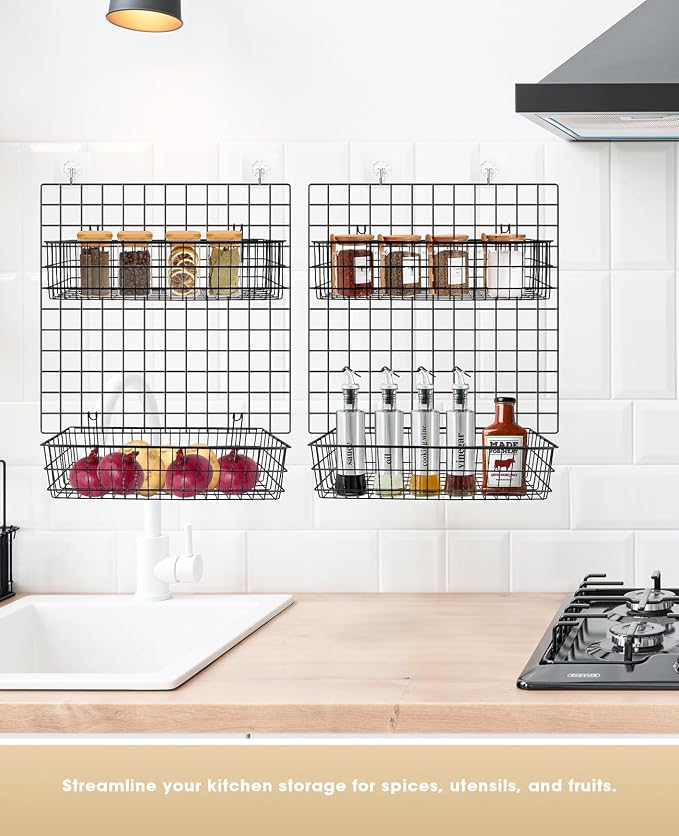 Metal Hanging Wire Basket with Hooks, Black Wire Wall Basket for Grid Panel Organizer, Multi-Function Grid Wall Basket for Kitchen Bathroom Storage Display Shelf, Home Decoration - Image 7
