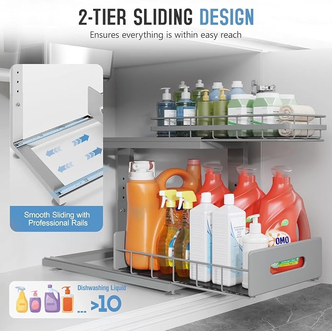 Under Sink Organizer Upgrade To Professional Rails,2-Tier Dual Pull Out Cabinet Storage,Height Adjustable Slide Out Drawers For Bathroom Kitchen,2 Pack-16.7"Dx12.8"-16.9"H,Gun Gray - Image 5