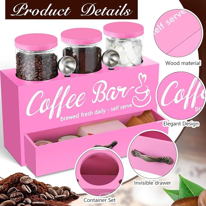 3 Pcs Coffee Bar Containers Set Include Coffee Sugar Container with Lid and Spoon and Double Layer Storage Box with Drawer for Bar Kitchen Countertop(Pink) - Image 3