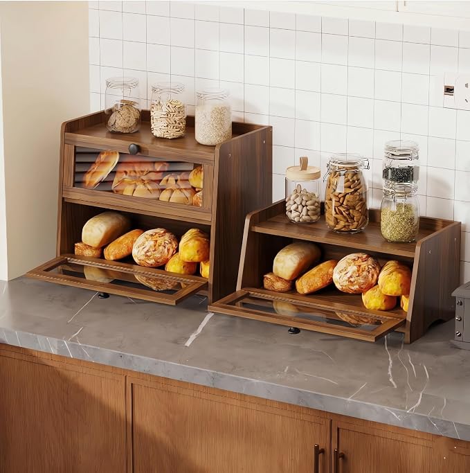 BAMBANG Bread Box for Kitchen Countertop, Extra Large Bamboo Bread Storage Container for Homemade Bread, Double Layer Sourdough Breadox, Bread Bin Organizer for Counter Cabinet Pantry, Amber - Image 2