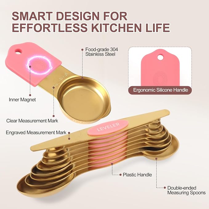 16-Piece Magnetic Measuring Cups & Spoons Set, Stainless Steel, Pink & Gold | 7 Silicone-Grip Cups, 8 Metal Spoons, 1 Leveler, US and Metric Marks for Dry & Liquid Ingredients, Kitchen Essentials Gadgets - Image 2