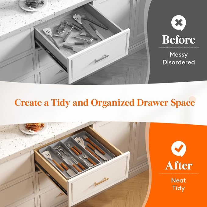 Lifewit Utensil Organizer for Kitchen Drawer, Expandable Cooking Silverware Tray, Adjustable Cutlery Flatware Holder, Plastic Spatula Tools Storage Divider, 17.3 x 15.8", Gray - Image 7