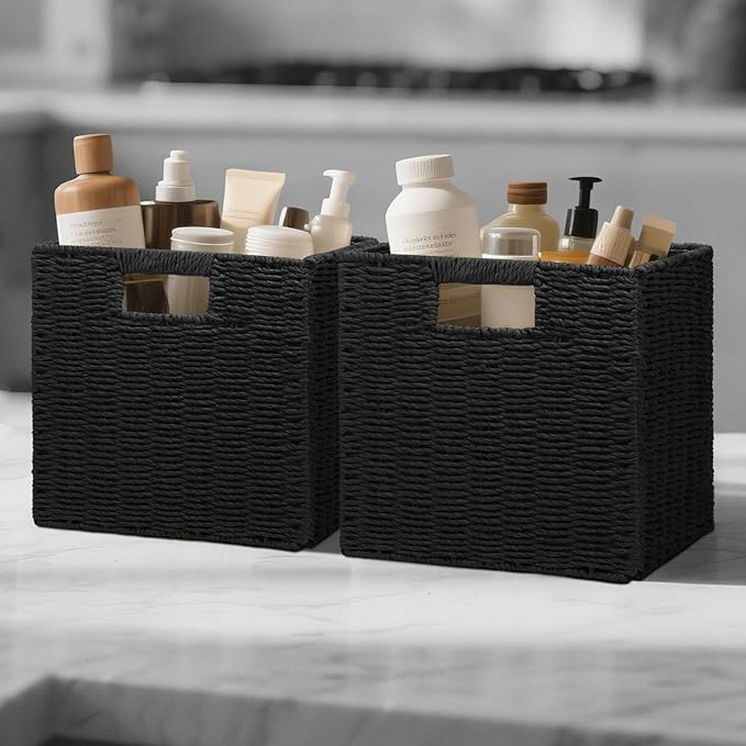 Wicker Storage Baskets for Organizing, 3 Pack Rustic Foldable Square Basket for Shelves, Handwoven Cubby Organizer Bins for Home Decor, Small Cube Storage Bin for Closet Organization (Black 11 inch) - Image 3