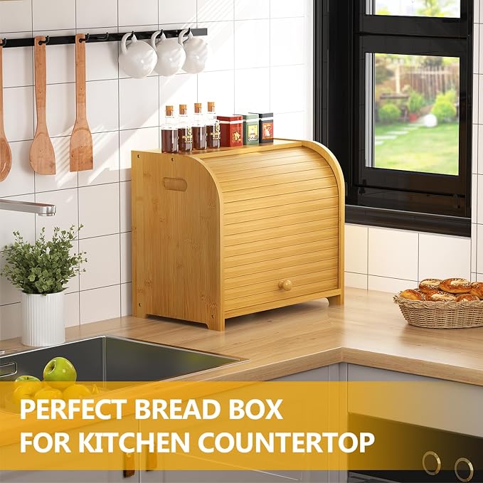 Bamboo Bread Box for Kitchen Countertop, Roll Top Bread Storage Box | Double Layer, Large Capacity, Space-saving, Easy Assembly - Image 2