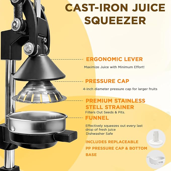 Cast Iron Juicer,Manual Juicer Hand Press,Orange Lemon Squeezer,Heavy Duty Manual Juicer,Professional Citrus Juicer Fruit Juice -Stainless Steel,Easy to Clean Black - Image 3