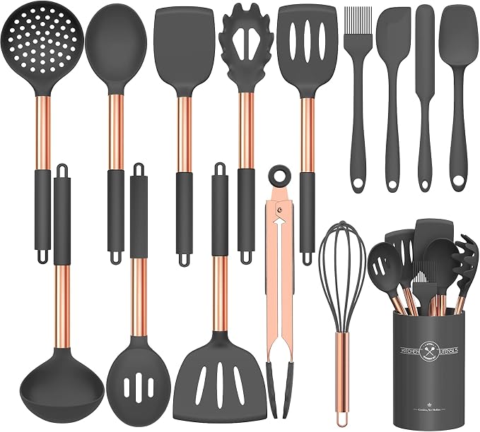 Silicone Cooking Utensil Set, Umite Chef Kitchen Utensils 15pcs Cooking Utensils Set Non-stick Silicone Rose Gold Handle Cooking Tools Whisk Kitchen Tools Set -Grey by UmiteChef