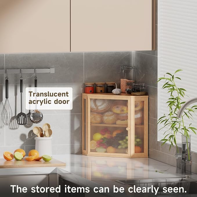 Corner Bread Box for Kitchen Countertop,Bread Storage Bin (Natural, Mediun) | Double Layer Large Capacity Bamboo Bread Container with Acrylic Door,Height Adjustable - Image 7
