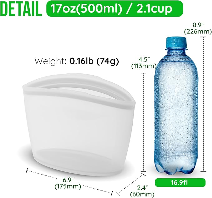 Reusable Silicone Food Storage Bag, 2-Cups, Large Container, Made in Korea BPA-Free Platinum Silicone, Triple-Airtight Freezer Bag, Microwave Safe, Sous Vide, Meal Prep, 17oz, Dry Rose | Reusable - Image 7
