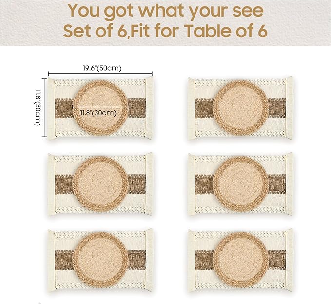 Handmade Boho Placemats Set of 6 - Natural Cotton Burlap and Water Straw Woven Combination Table Mats, Macrame Décor and Farmhouse Style Placemats, for Dining Table Kitchen - Image 2