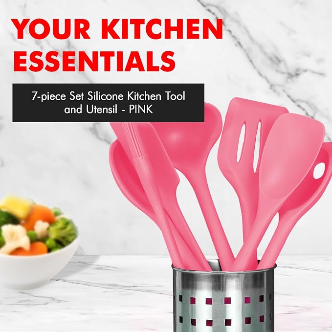 Chef Craft - Premium Silicone Kitchen Tools and Utensils Set, Non-Scratch, Withstands Temperatures up to 450°F, BPA-Free, 7 Piece Cooking Utensils Set, Pink - Image 2