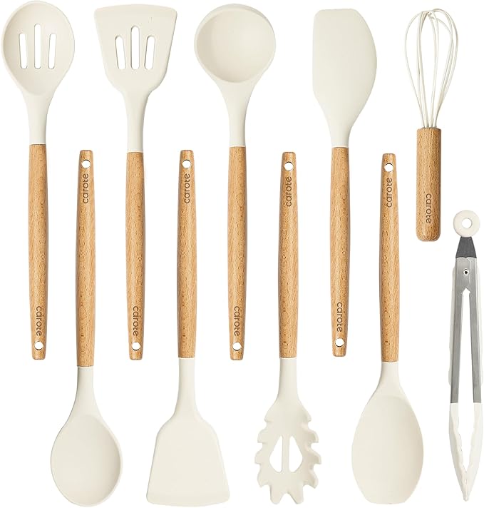 CAROTE 10-Piece Kitchen Utensils Set with Wood Cool-Touch Handles, Cream | Silicone Cooking Utensil, Food Grade, Nonstick Cookware Friendly, BPA-Free, Heat-Resistant, Everyday Home Essentials, Gifts by CAROTE