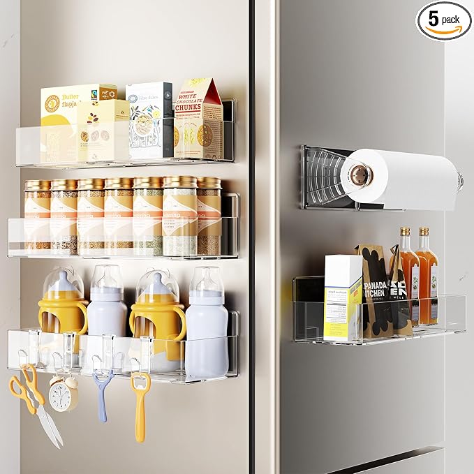 Mystozer Magnetic Spice Rack for Refrigerator, 4 Pack Magnetic Shelf and 1Pack Paper Towel Holder,Fridge Organizers and Storage Clear(5 Pack) by Mystozer